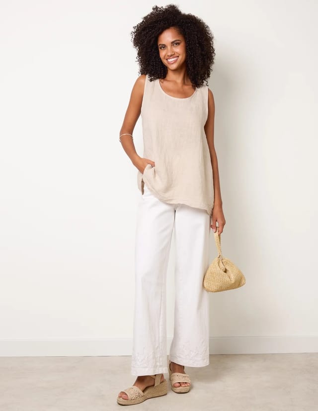 Blue Vanilla Jersey Back Linen Woven Front Sleeveless Top - 3