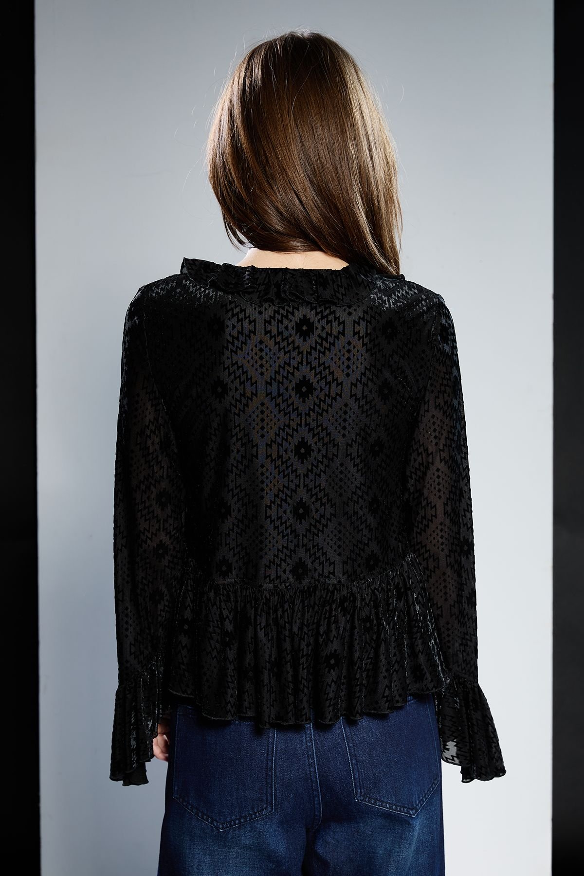 RUNWAY 1.8.1.8 RUNWAY 1.8.1.8 Women's Ruffle Textured Tie Up Blouse in Black - 3