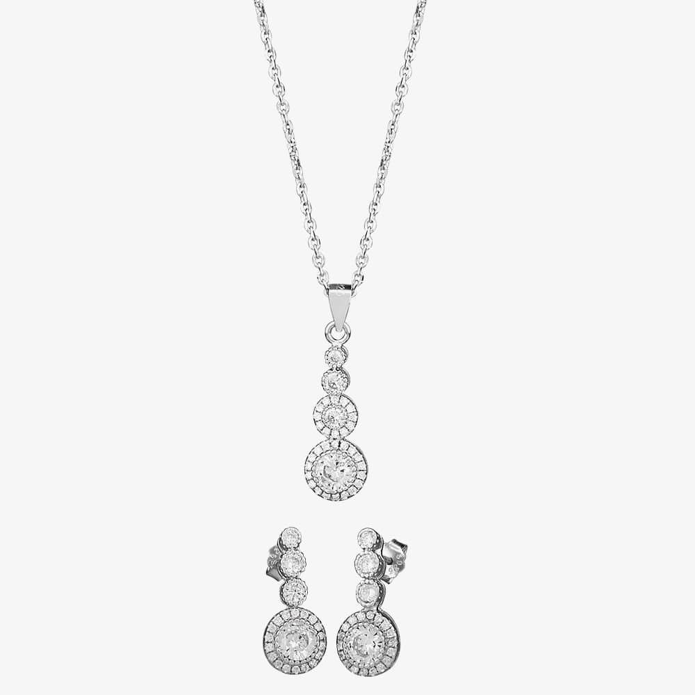 T.H.Baker T.H.Baker Women's Silver Cubic Zirconia Graduated Pendant & Dropper Earrings Set SET5449