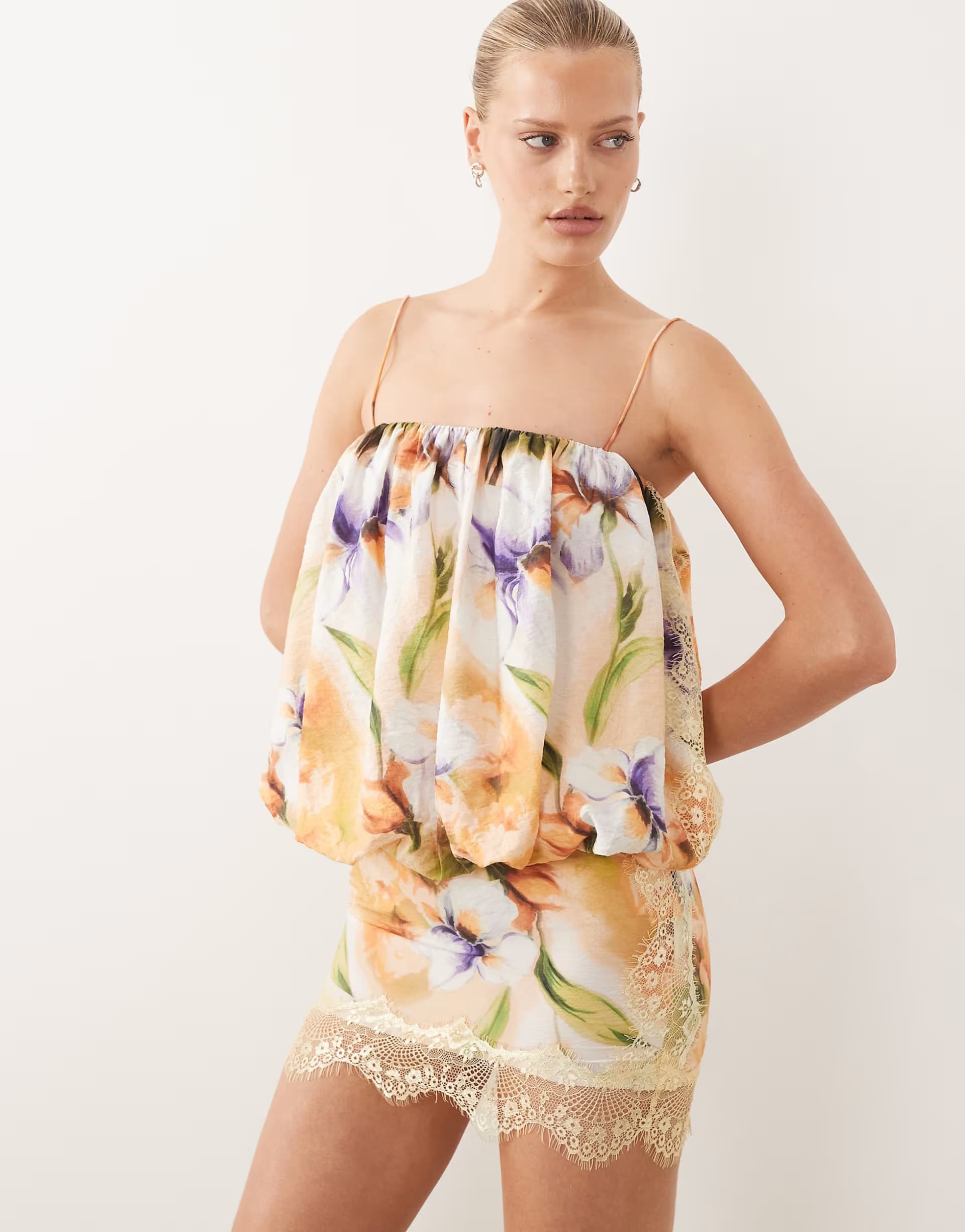ASOS ASOS DESIGN lace applique bubble hem mini dress in blurred floral print