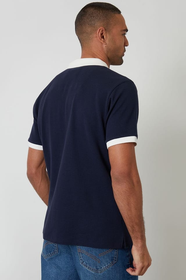 Threadbare Threadbare Men's Trophy Neck Waffle Polo Shirt in Navy - 2