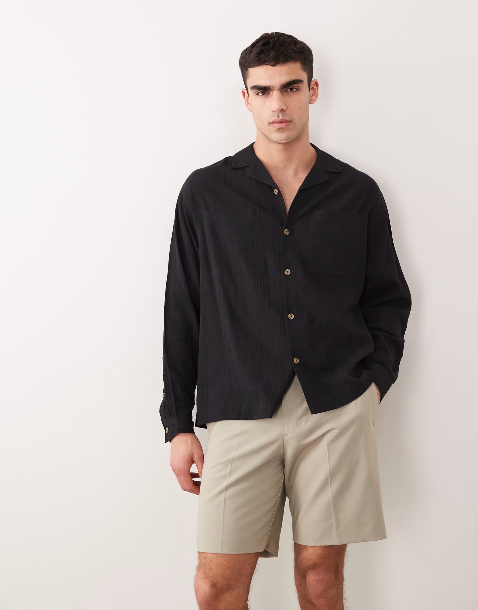 ASOS ASOS DESIGN oversized revere crinkle texture shirt in black