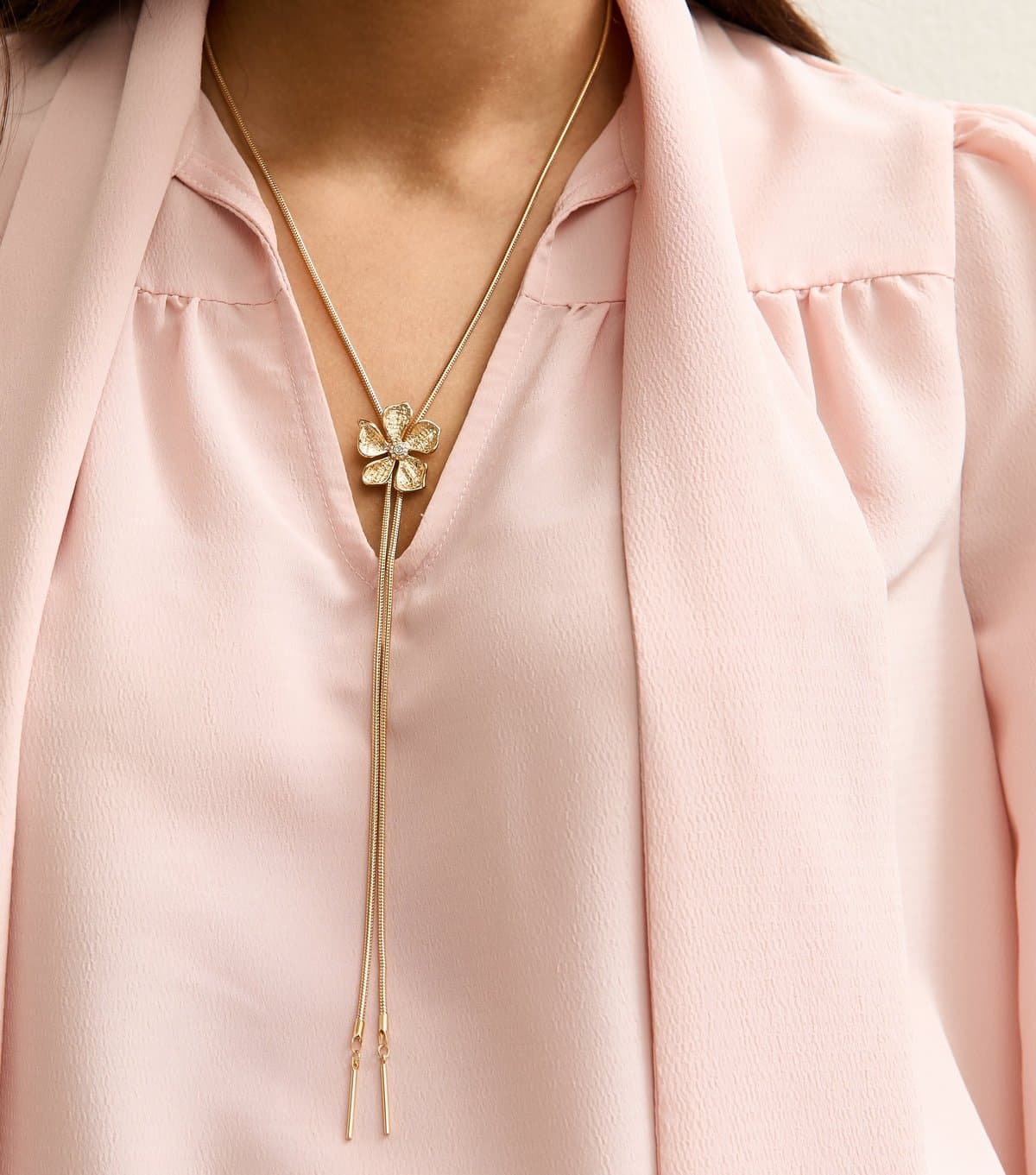 New Look Gold Tone Textured Flower Long Toggle Necklace New Look