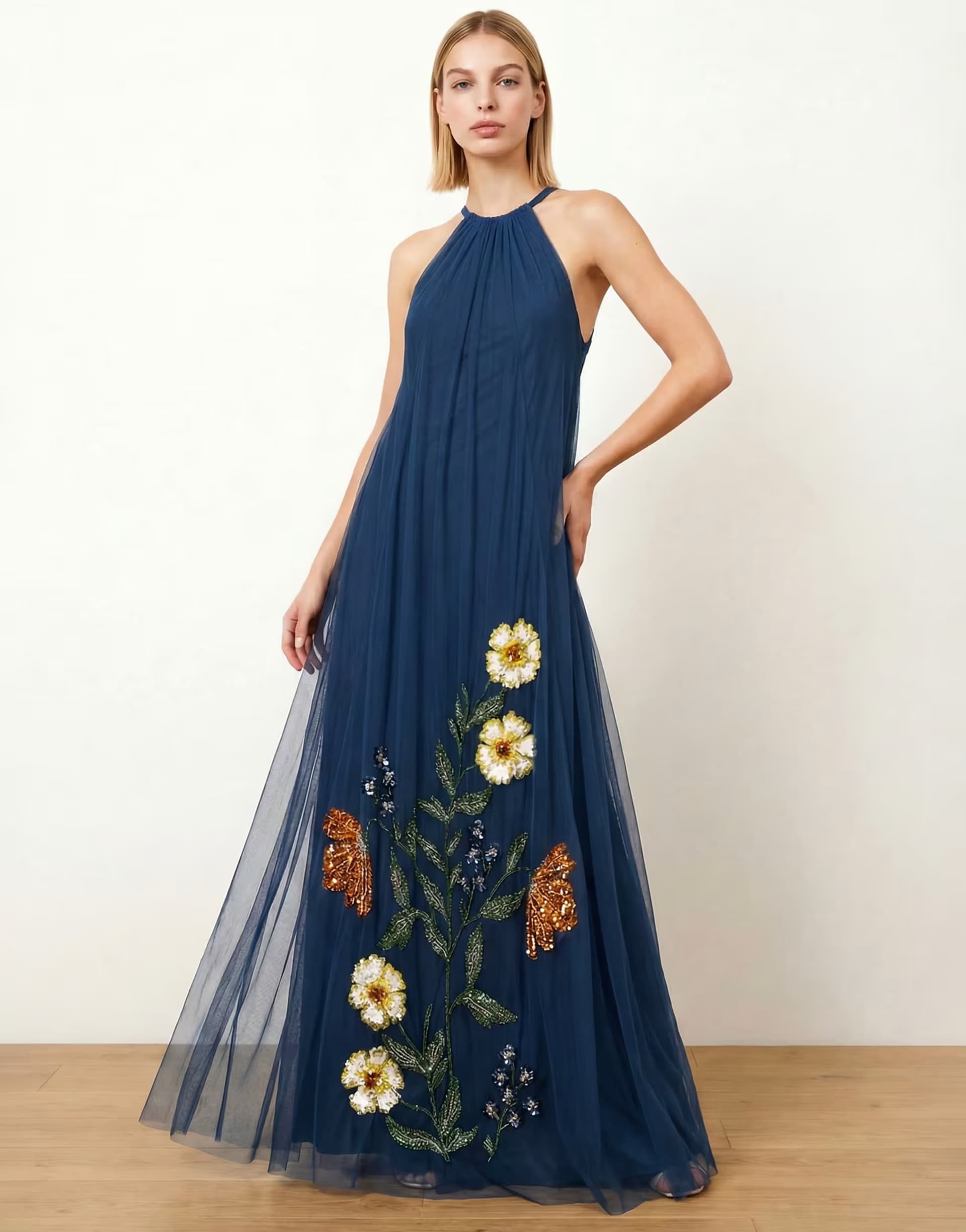 ASOS Maya Floral embellished halter neck trapeze maxi dress in blue