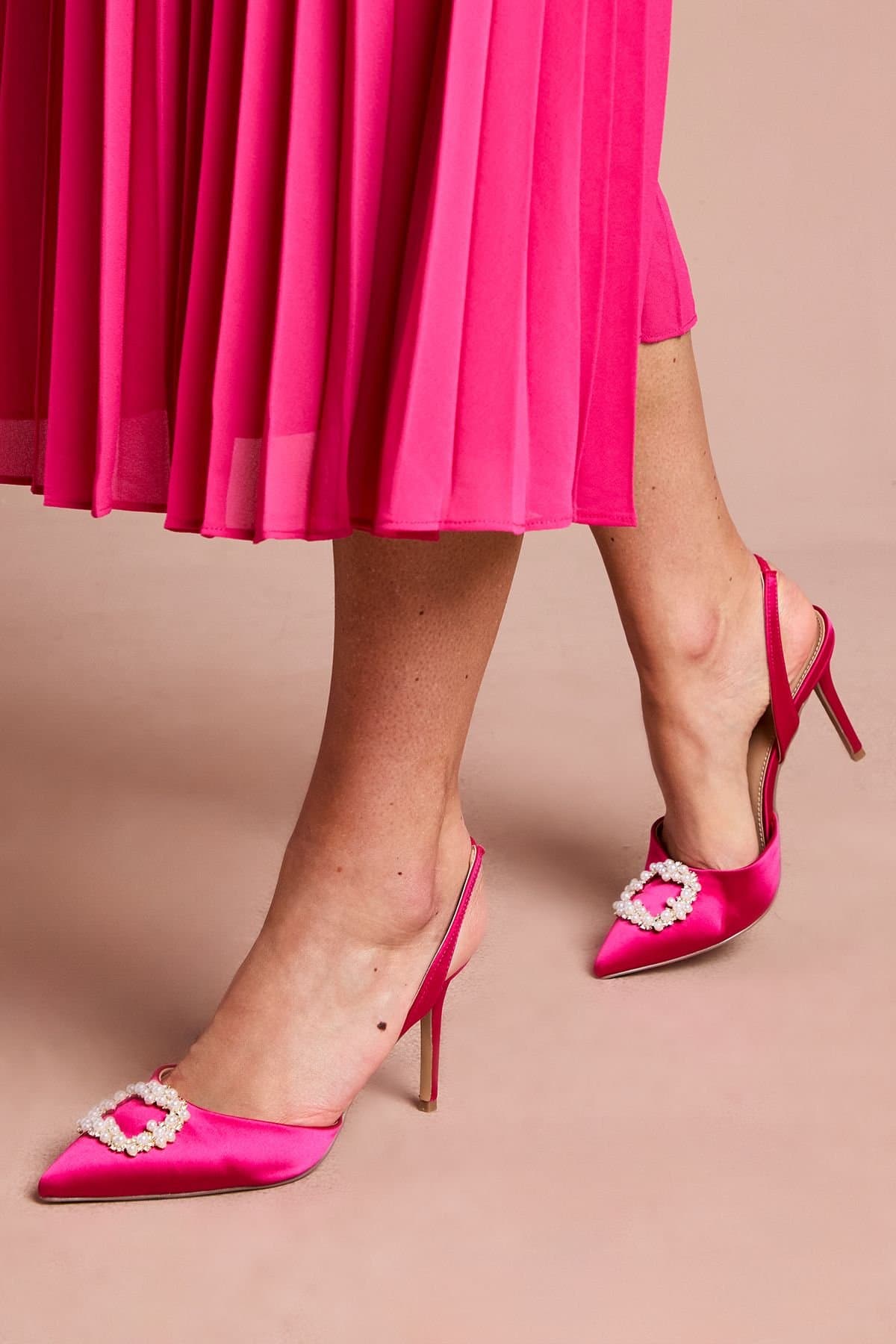 Coast Coast Women's Selene Satin Pearl Trim Slingback High Heel Court Shoes in Magenta
