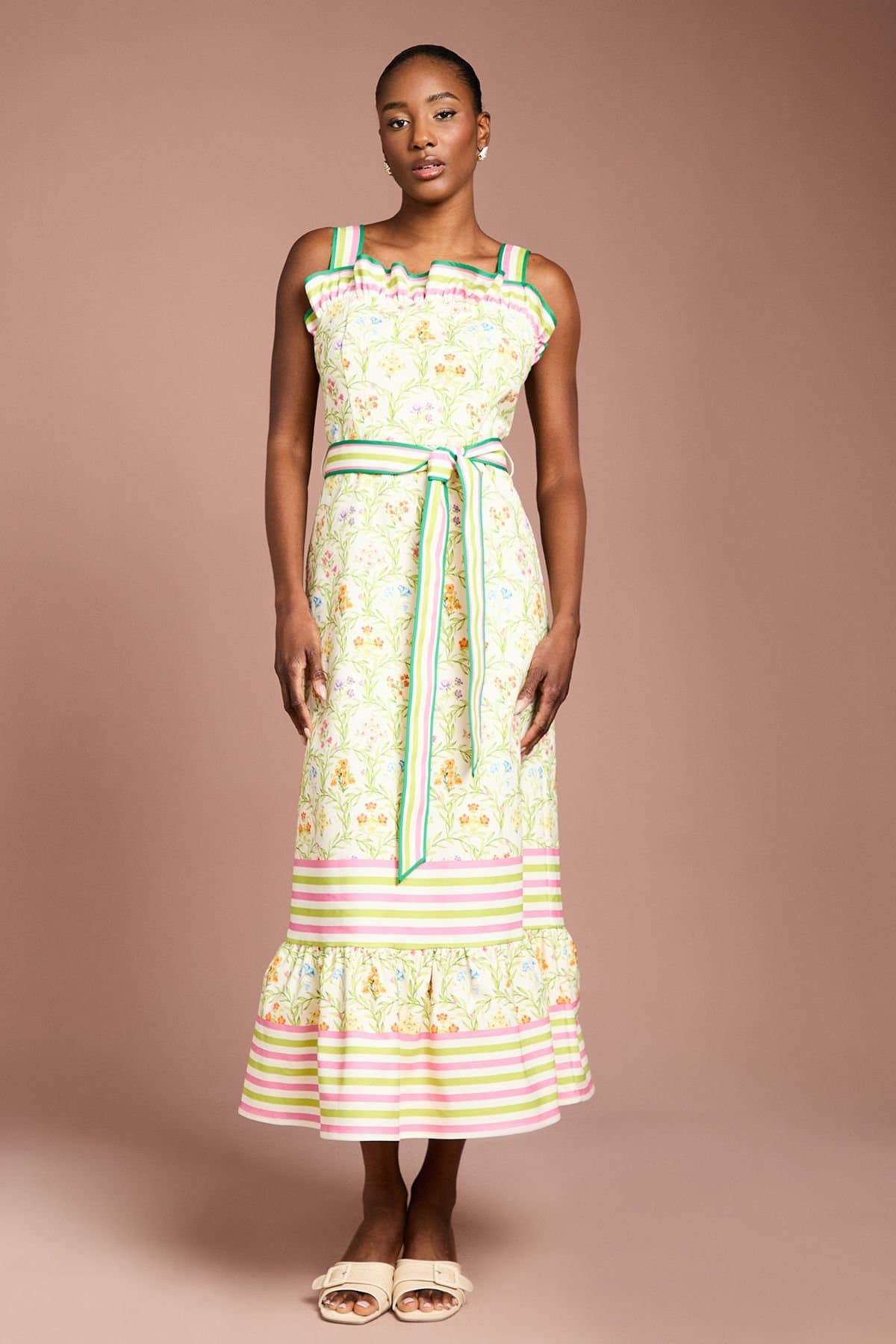 Coast Coast Women's Printed Twill Ruffle Midi Dress in Ivory