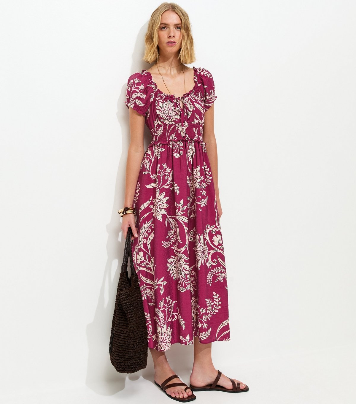 New Look Women's Burgundy Leaf Pattern Shirred Midi Dress New Look - 3