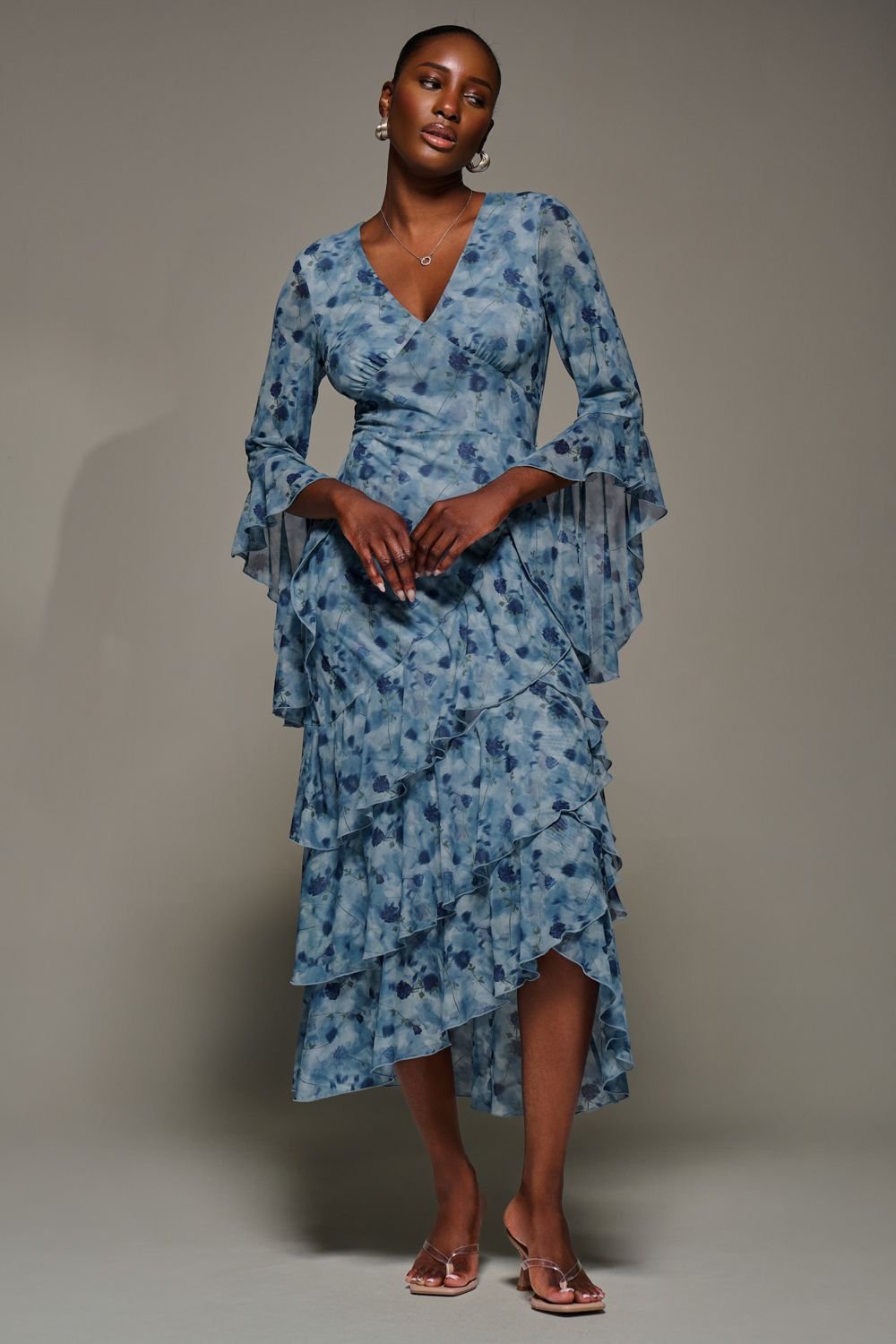 Jolie Moi Jolie Moi Women's Mesh Ruffle Sleeve Tiered Midaxi Dress in Blue - 3