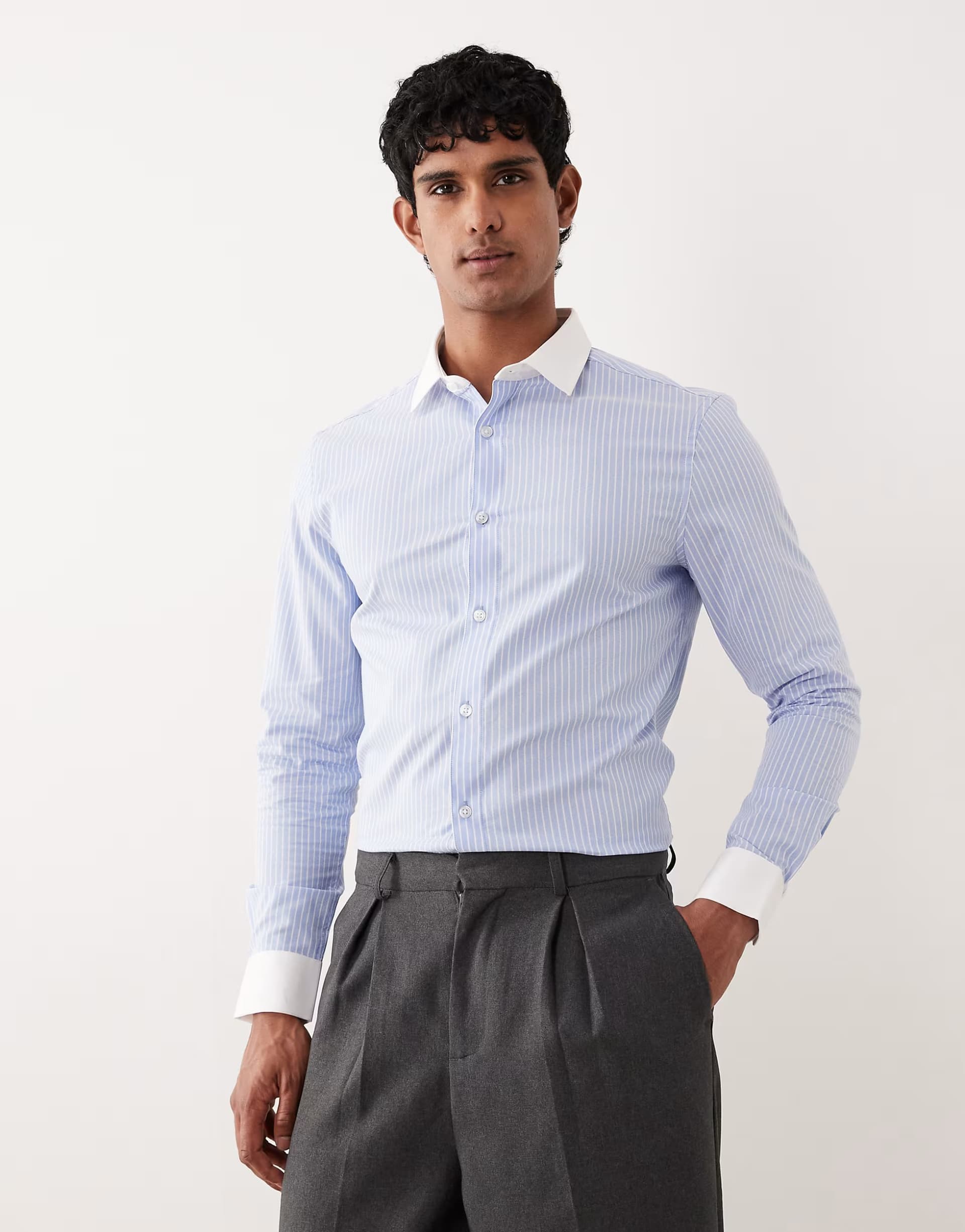 ASOS ASOS DESIGN easy iron slim poplin stripe shirt with contrast collar in blue