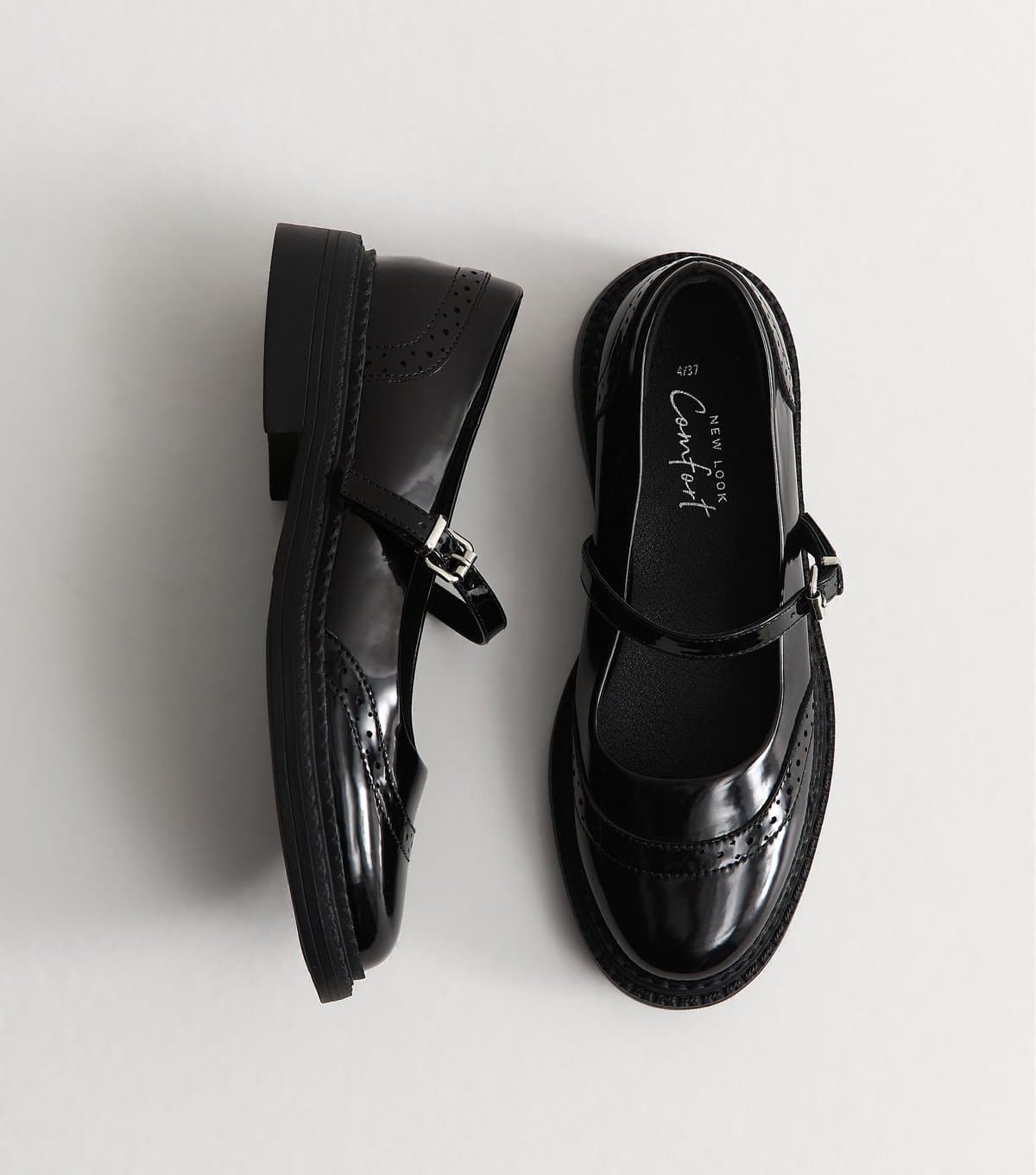 New Look Women's Black Patent Faux Leather Box Brogue Mary Jane Shoes Vegan New Look