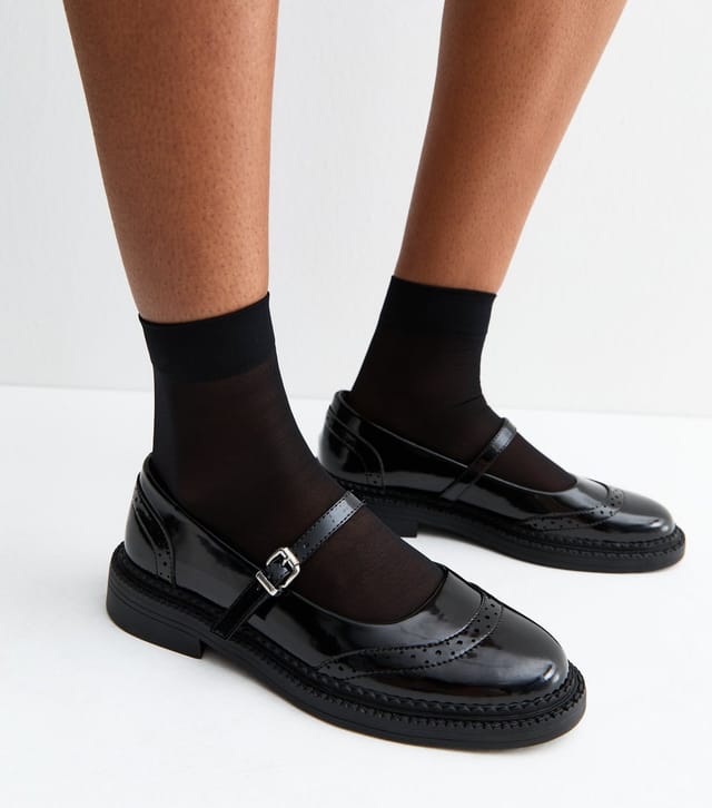 New Look Women's Black Patent Faux Leather Box Brogue Mary Jane Shoes Vegan New Look - 2