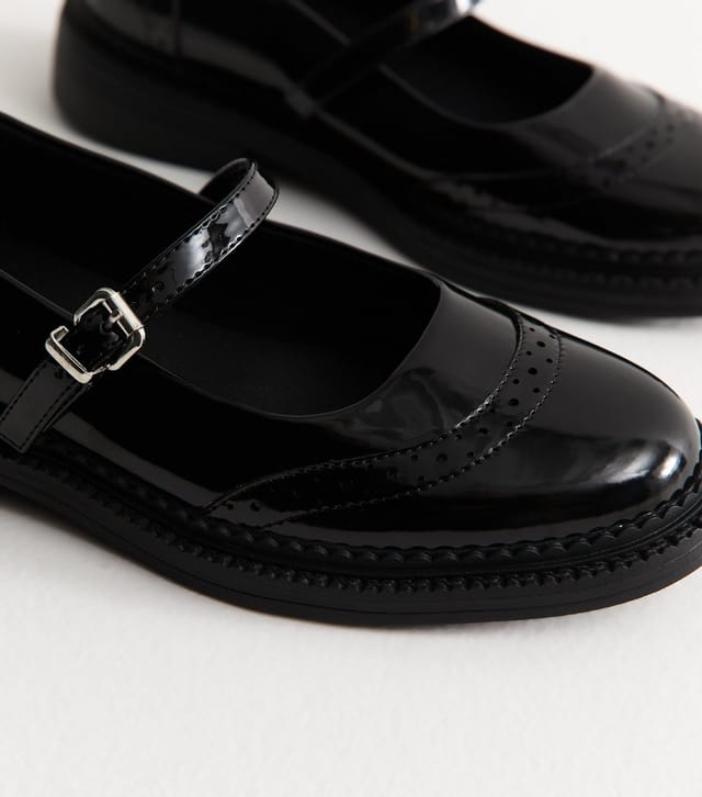 New Look Women's Black Patent Faux Leather Box Brogue Mary Jane Shoes Vegan New Look - 3