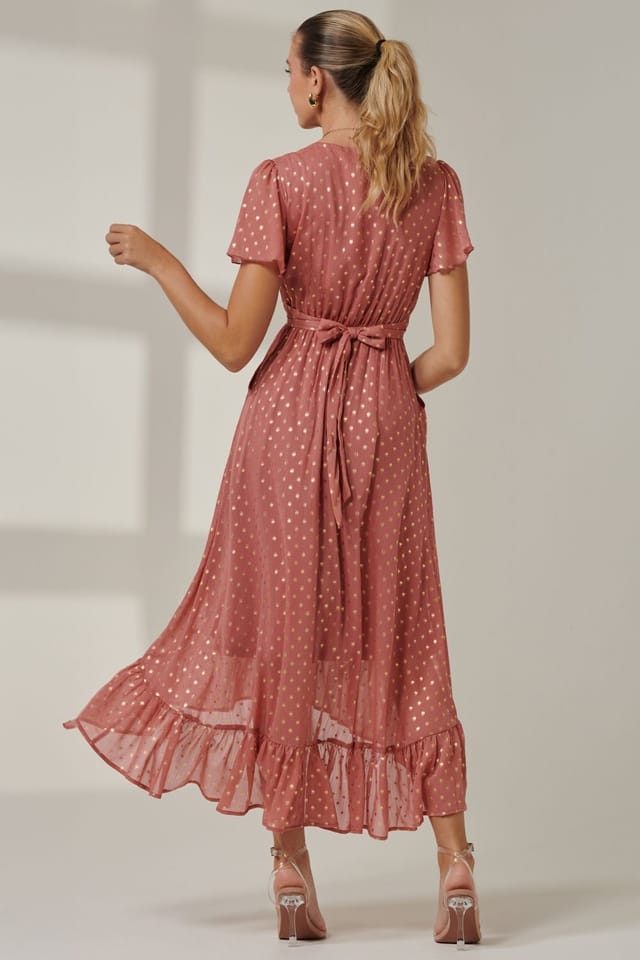 Jolie Moi Jolie Moi Women's Metallic Effect Angel Sleeve Maxi Dress in Coral - 2