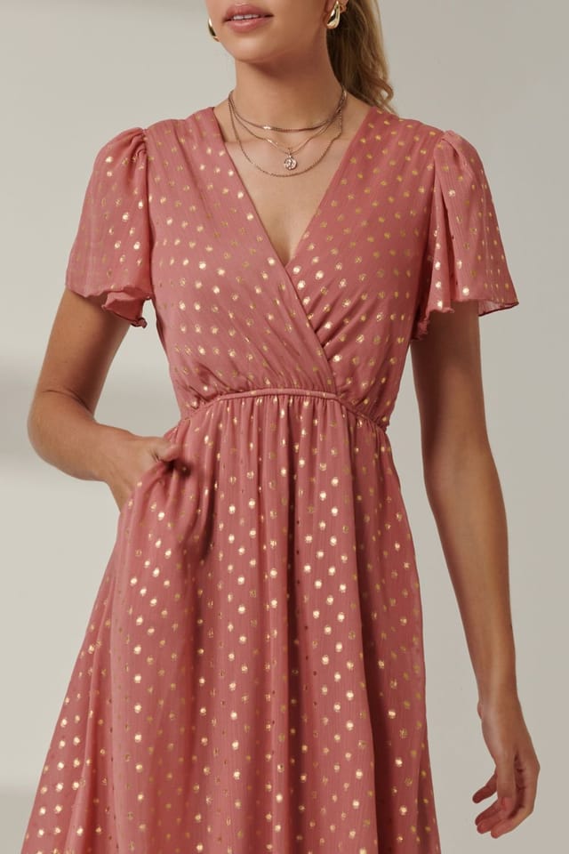 Jolie Moi Jolie Moi Women's Metallic Effect Angel Sleeve Maxi Dress in Coral - 3