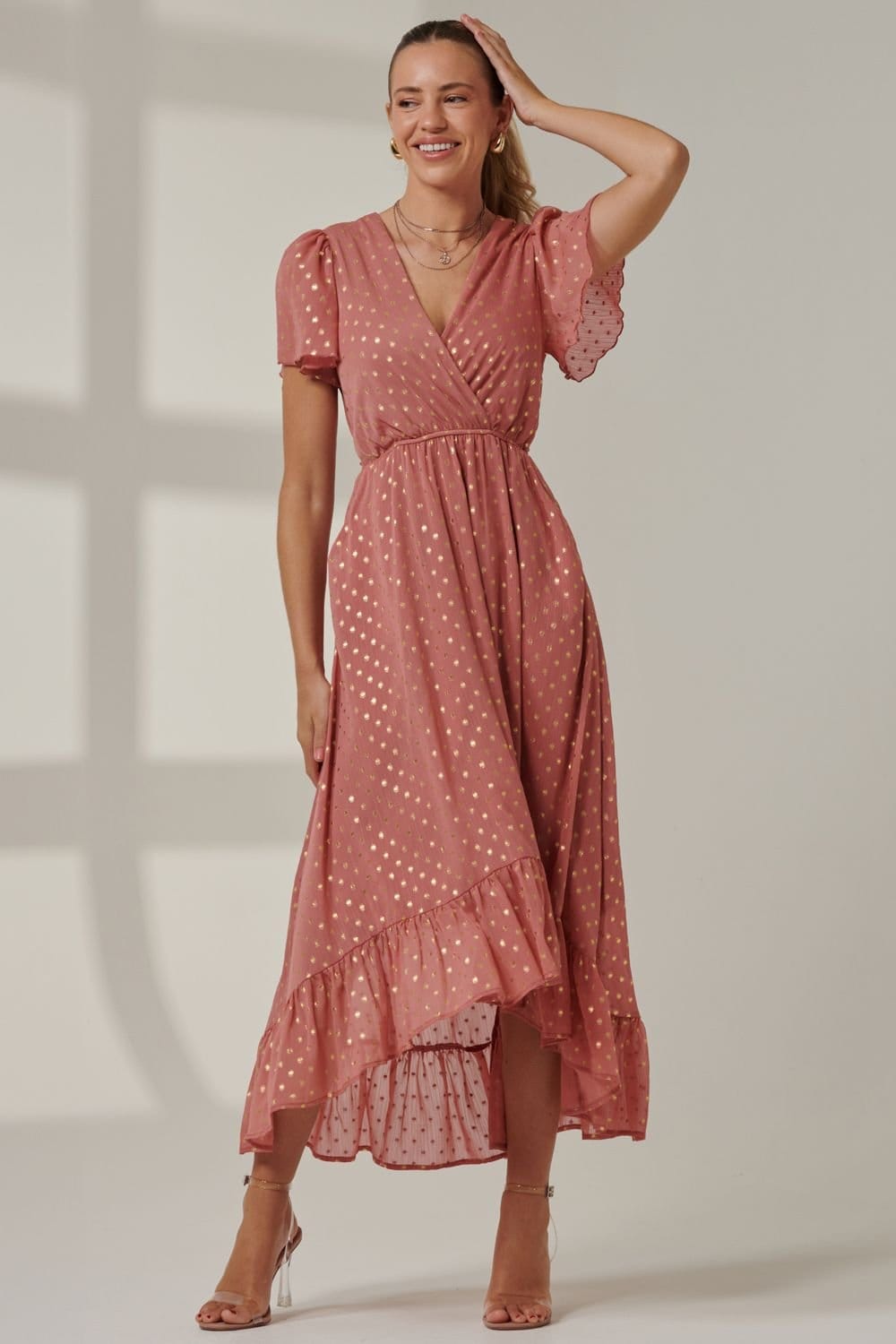 Jolie Moi Jolie Moi Women's Metallic Effect Angel Sleeve Maxi Dress in Coral - 4