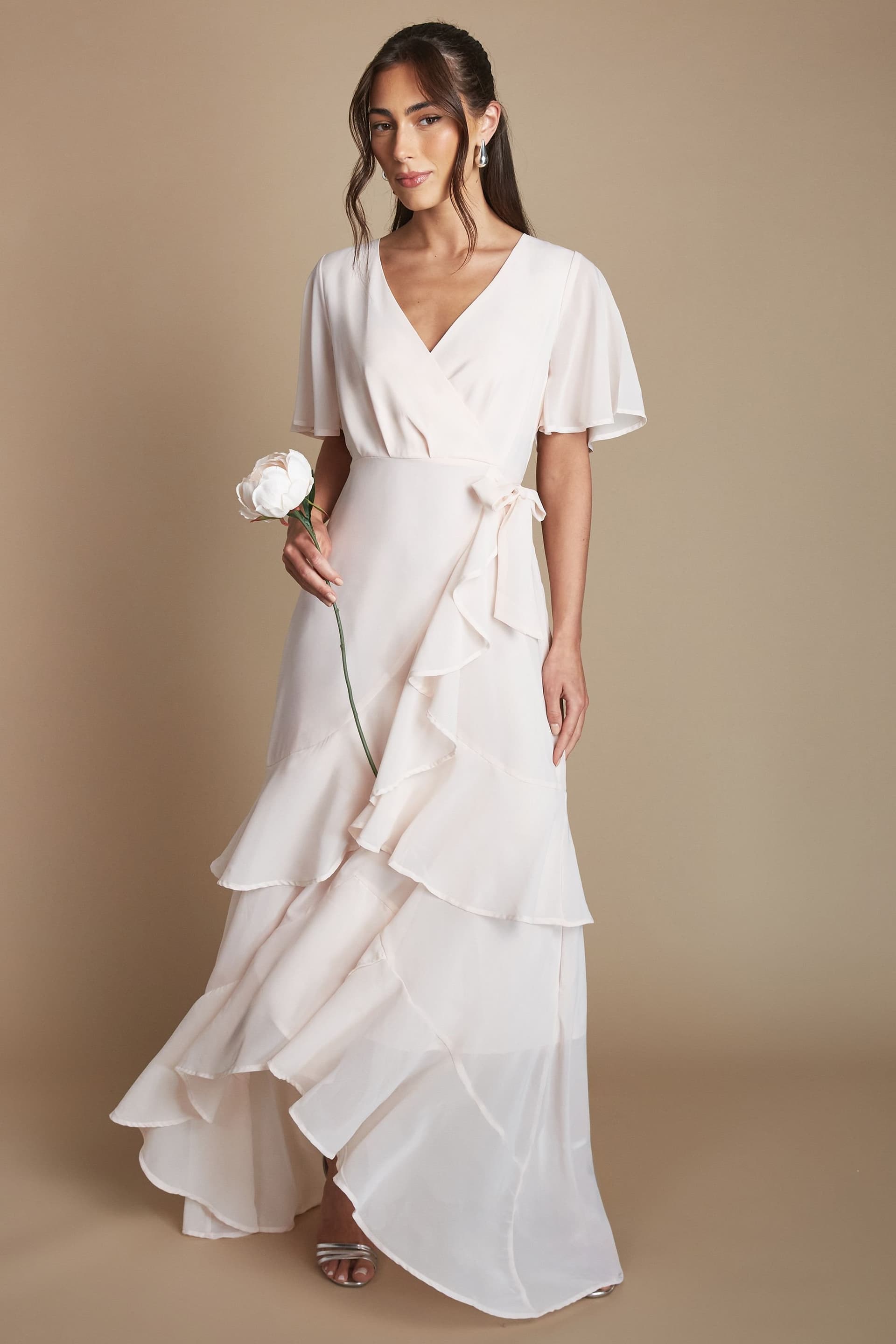 Coast Coast Women's Angel Sleeve Tiered Bridesmaid Maxi Dress in Dusty Rose