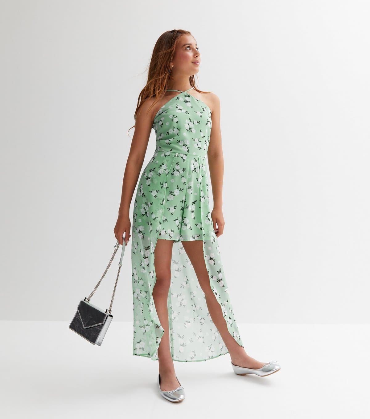 New Look Girls' Green Floral Chiffon Halter Playsuit New Look