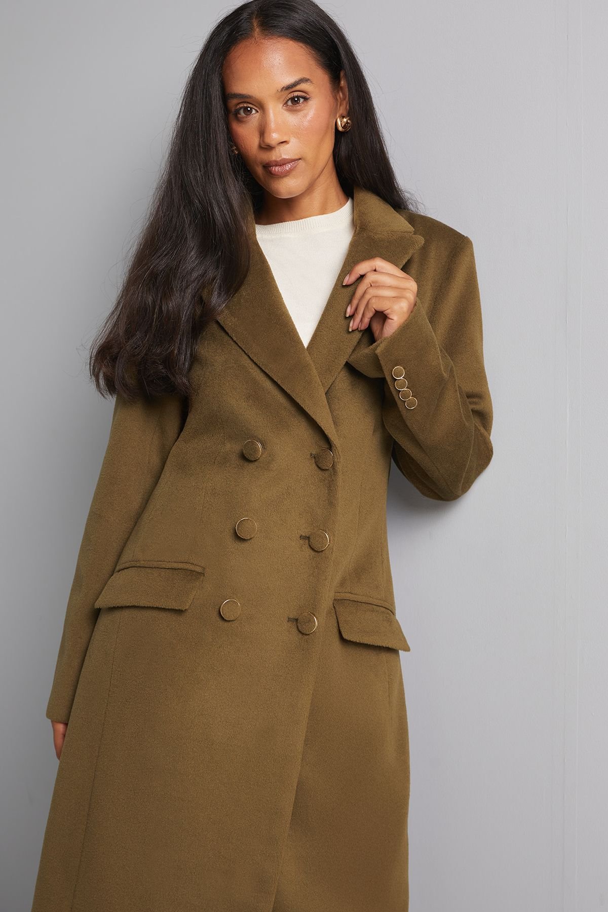 Wallis Wallis Women's Double Breasted Pocket Detail Coat in Olive - 4