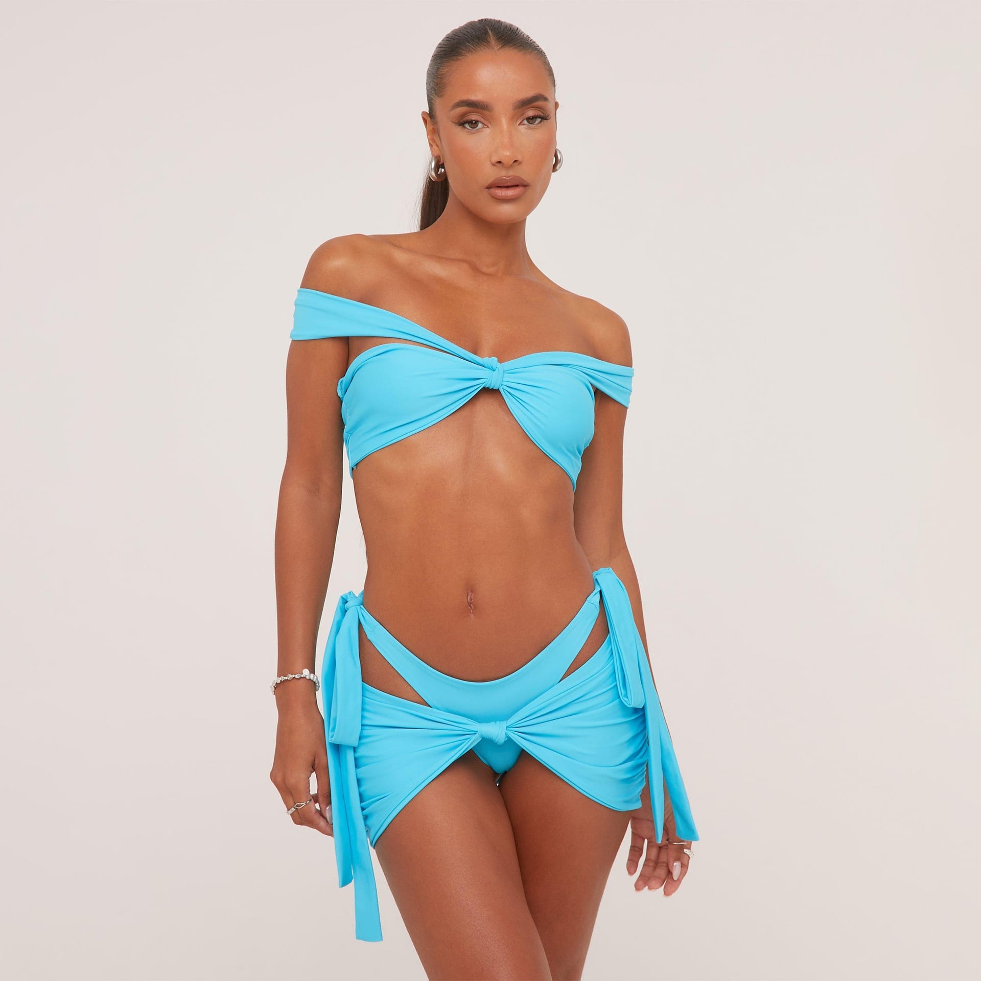 EGO Blue Strappy Bardot Knot Bikini Set And Cover-Up Skirt