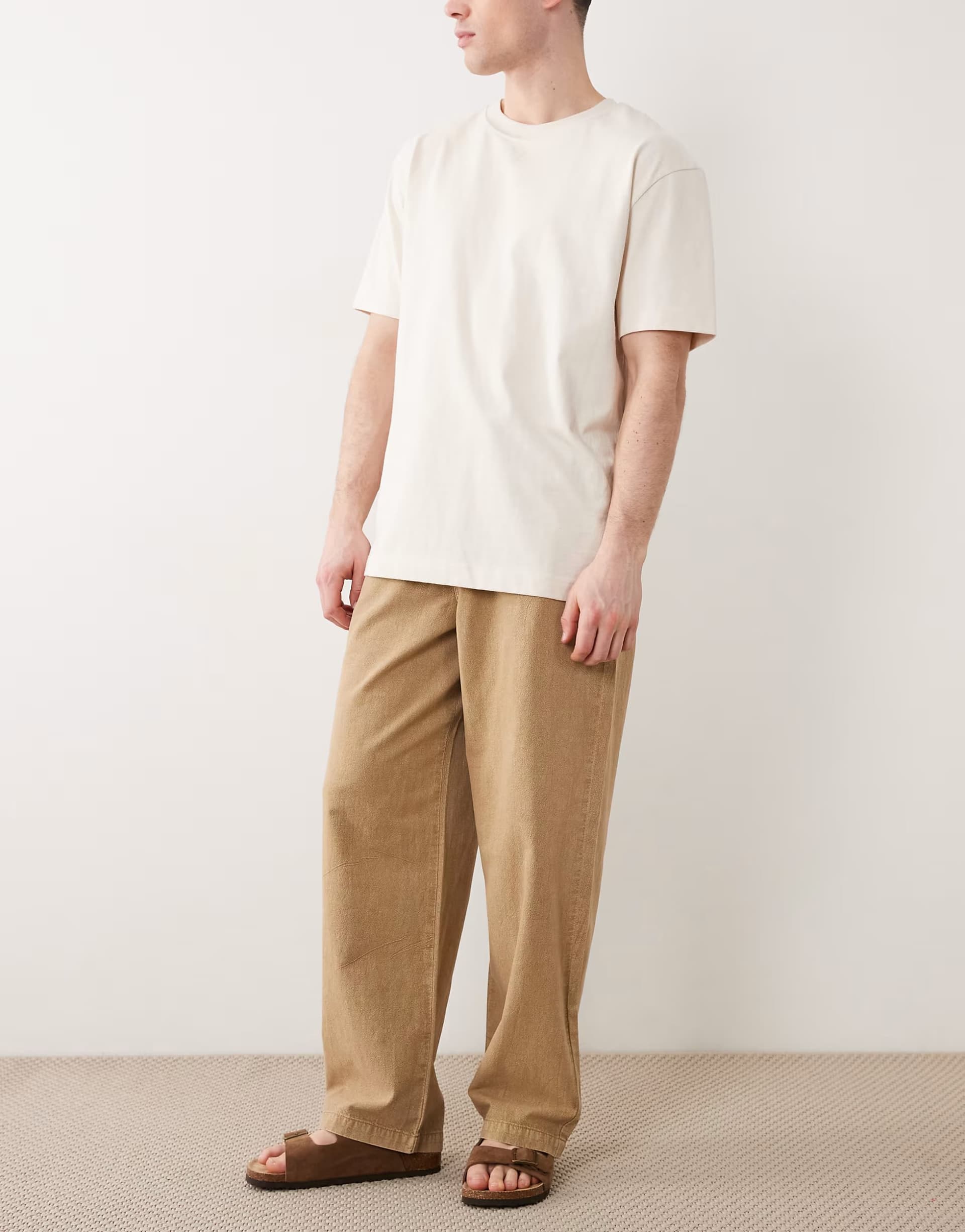 ASOS ASOS DESIGN loose straight fit textured trousers in beige