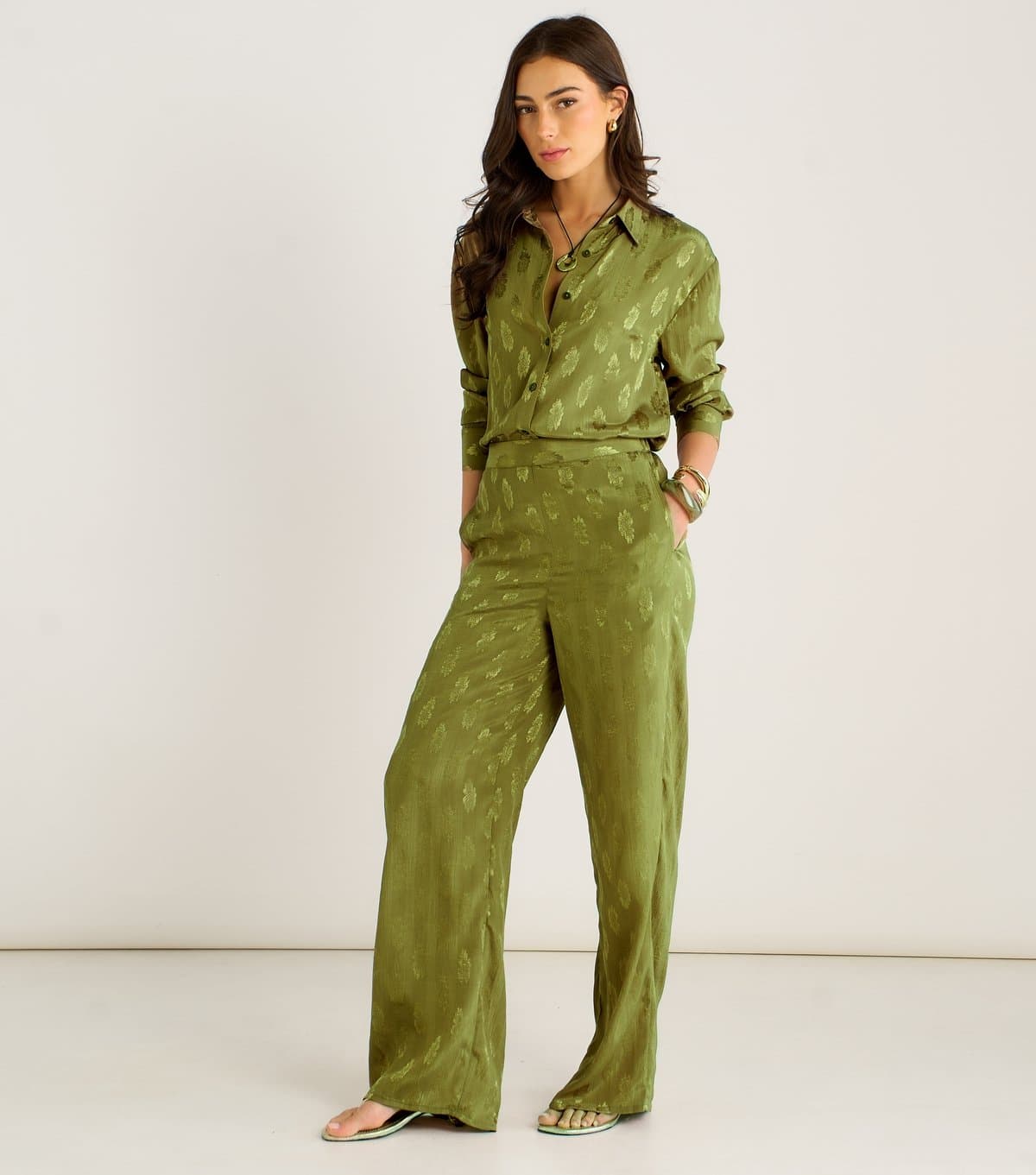 Gini London Women's Light Khaki Floral Satin Jacquard Trousers Gini London New Look