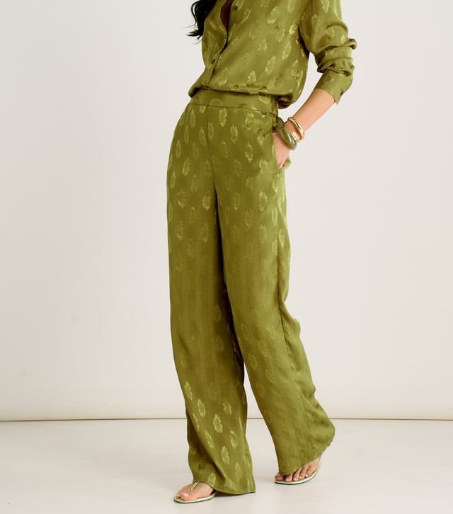 Gini London Women's Light Khaki Floral Satin Jacquard Trousers Gini London New Look - 2