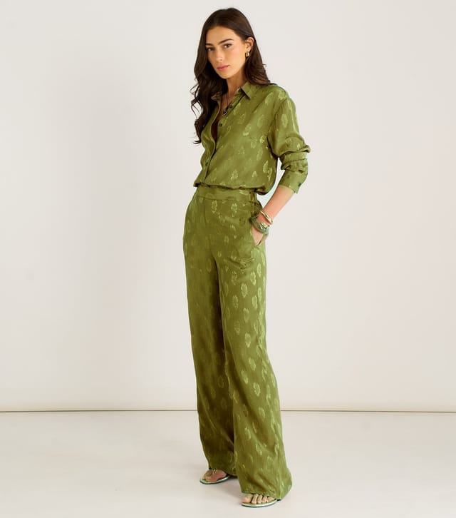 Gini London Women's Light Khaki Floral Satin Jacquard Trousers Gini London New Look - 3