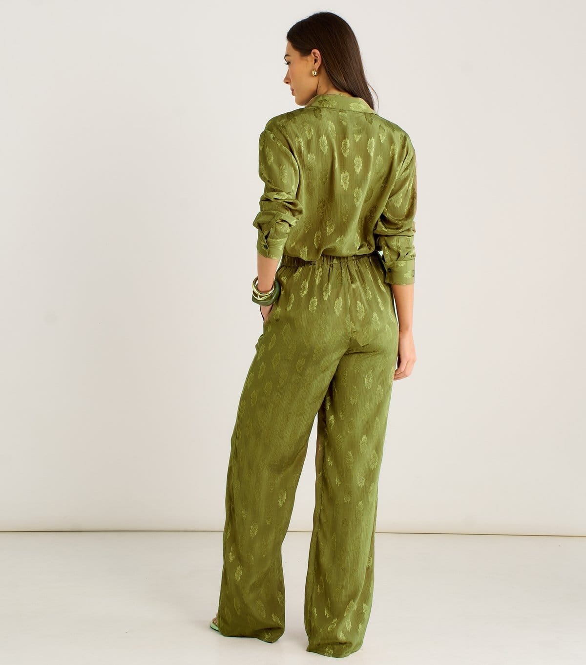 Gini London Women's Light Khaki Floral Satin Jacquard Trousers Gini London New Look - 4