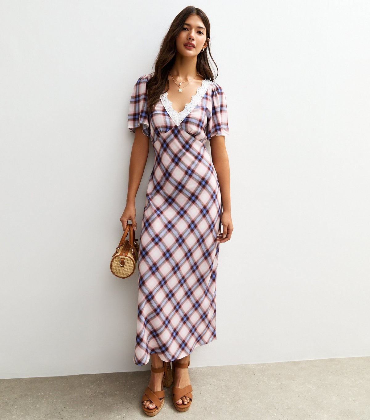 New Look Women's Cream Check Pattern Lace Trimmed Midi Dress New Look - 3