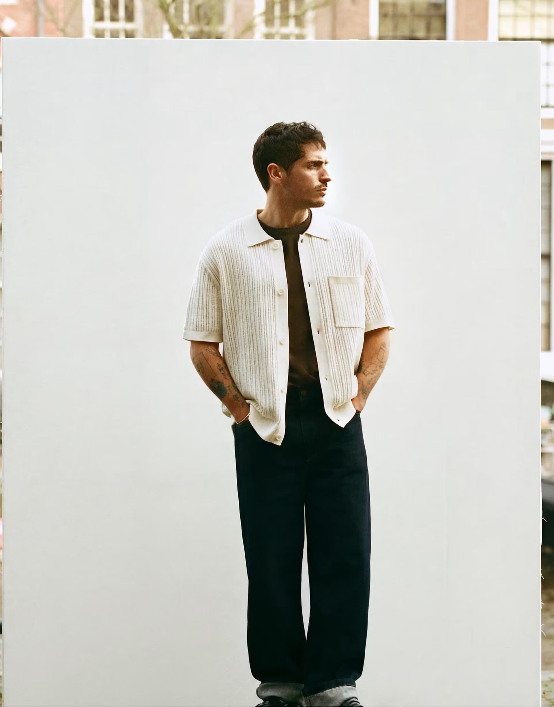 ASOS Pull&Bear Knit short sleeve shirt in off white