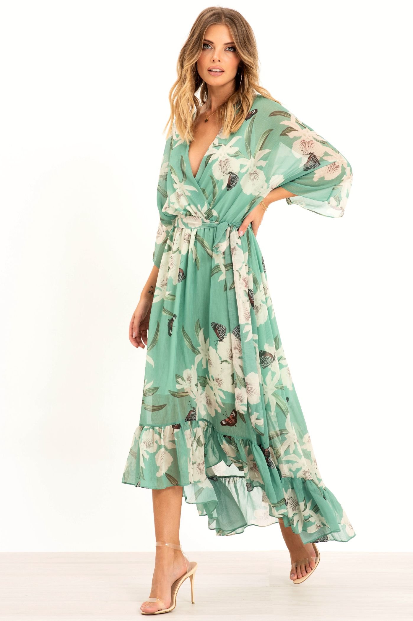 Urban Touch Urban Touch Women's Kimono Wrap Floral Dress in Mint - 2