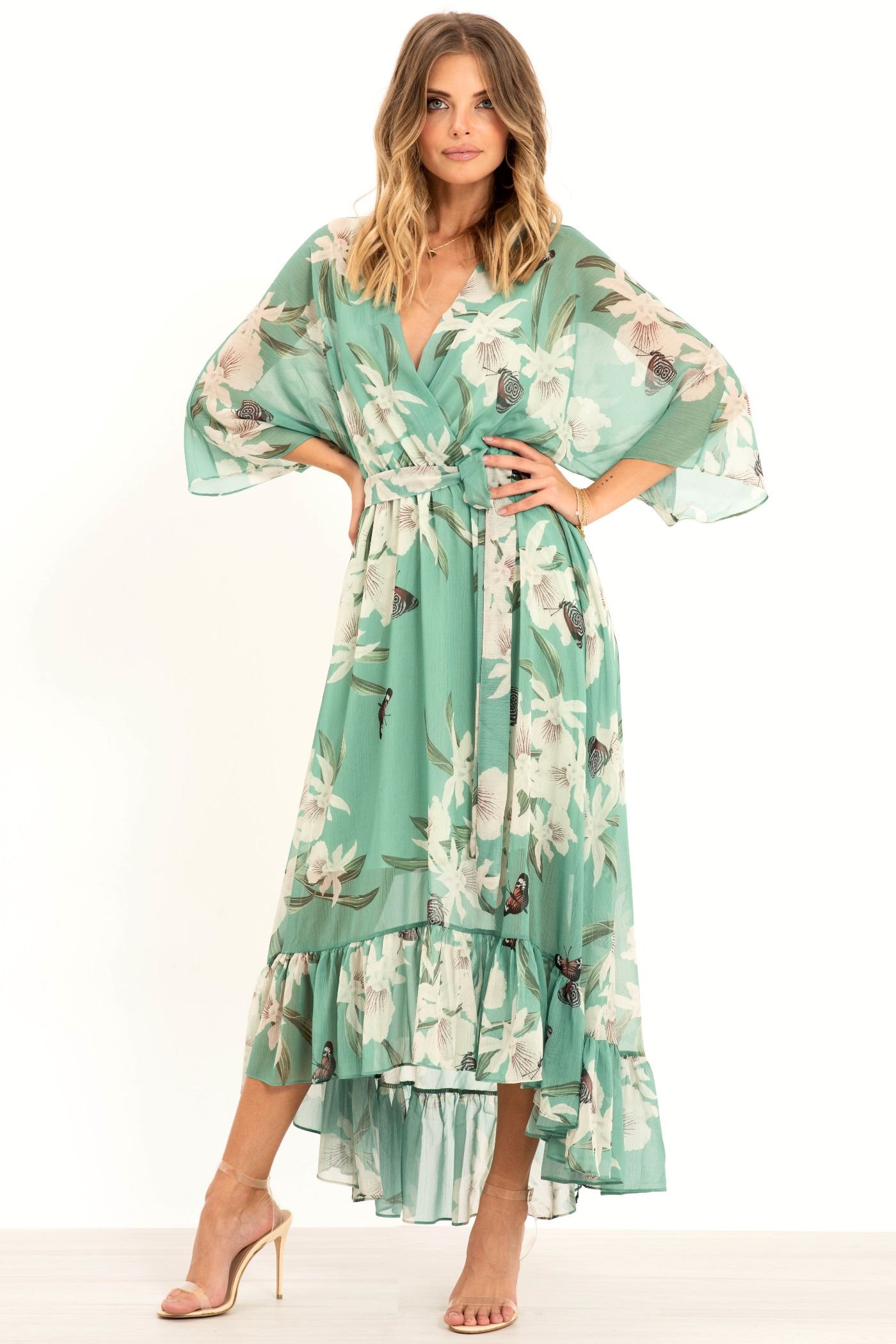 Urban Touch Urban Touch Women's Kimono Wrap Floral Dress in Mint - 3