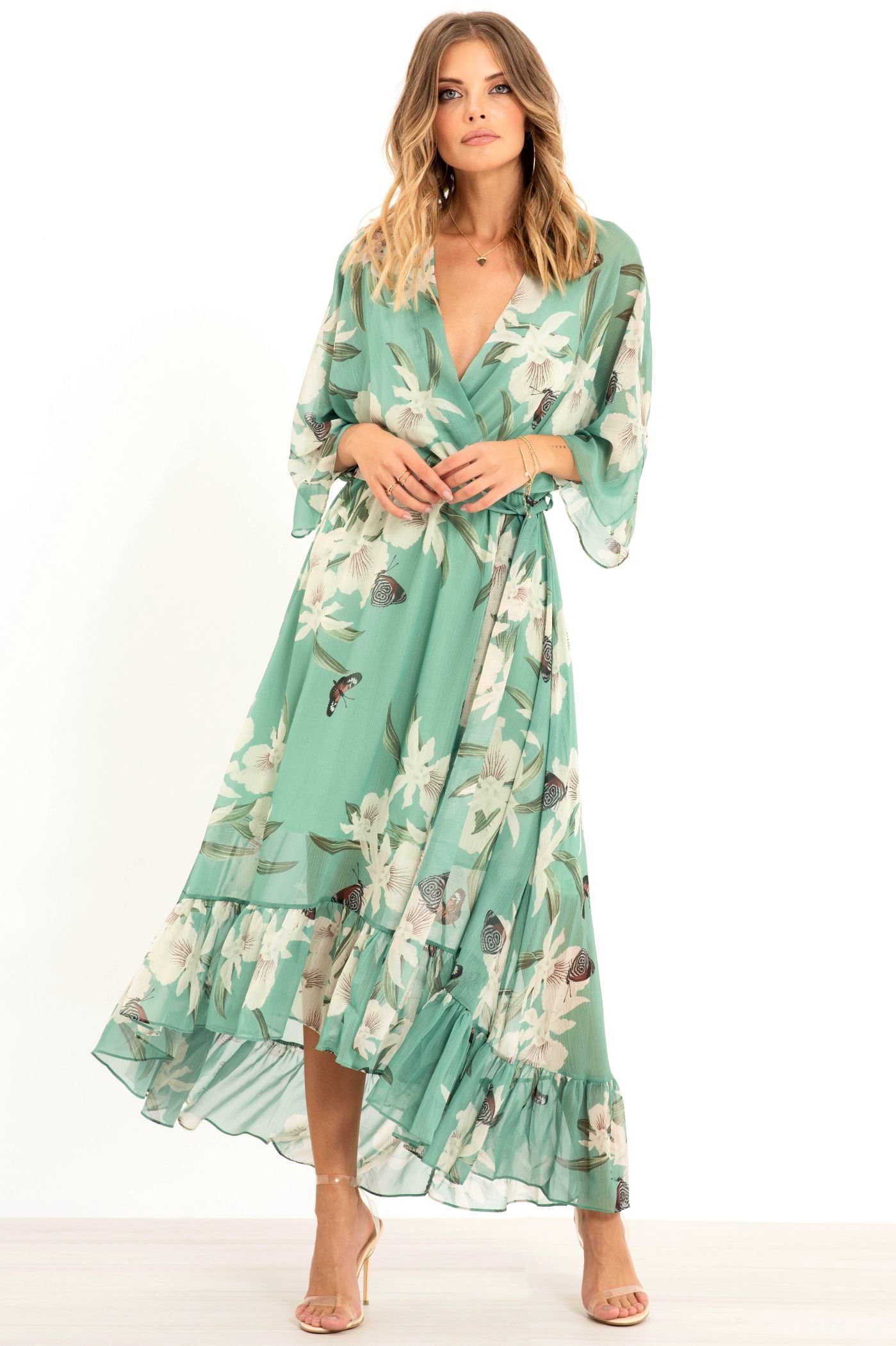 Urban Touch Urban Touch Women's Kimono Wrap Floral Dress in Mint - 4