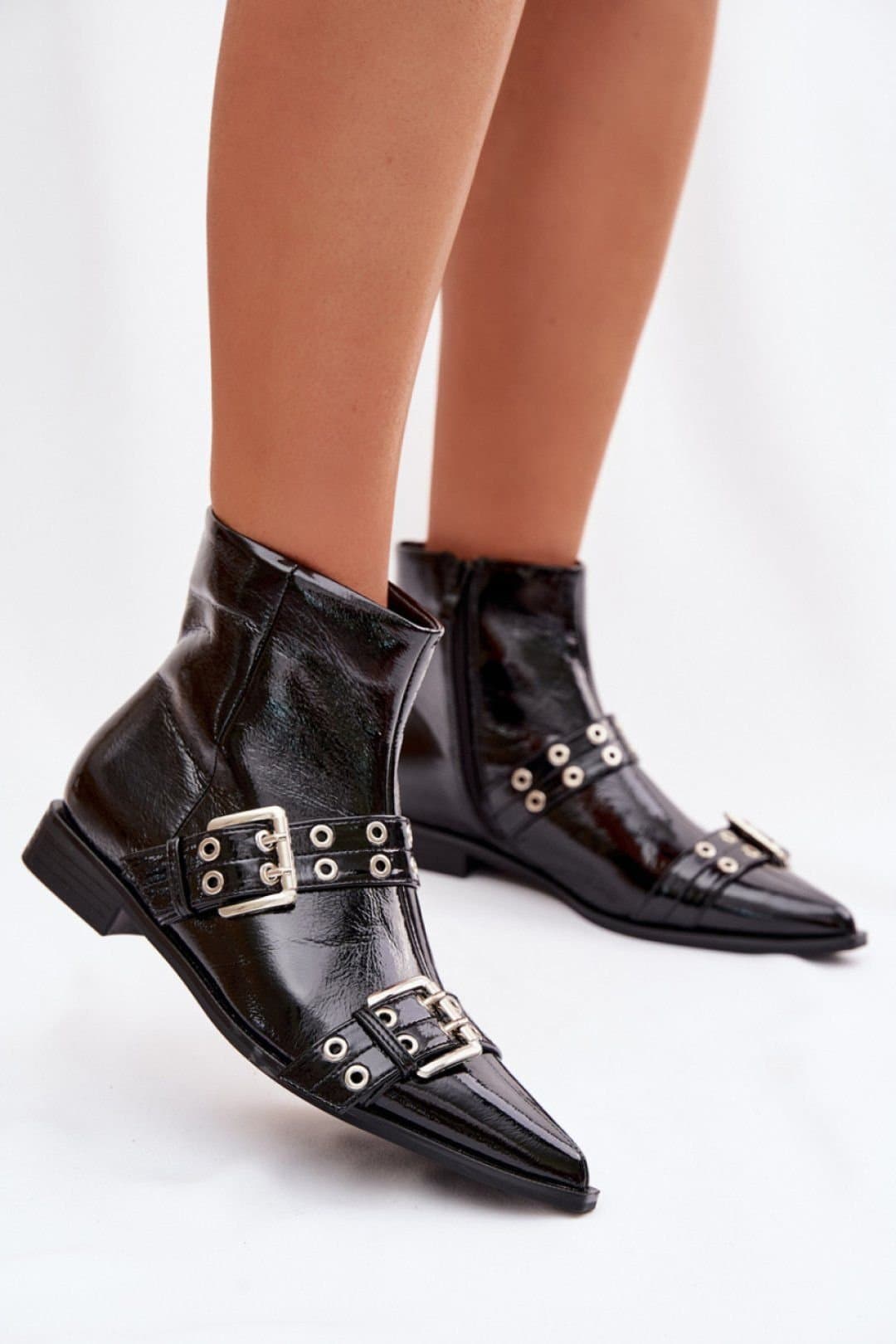 Love Lace Love Lace Women's Patent Ankle Boots Flat Heel Zip Closure Buckle Straps Design in Black