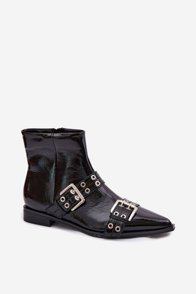 Love Lace Love Lace Women's Patent Ankle Boots Flat Heel Zip Closure Buckle Straps Design in Black - 2