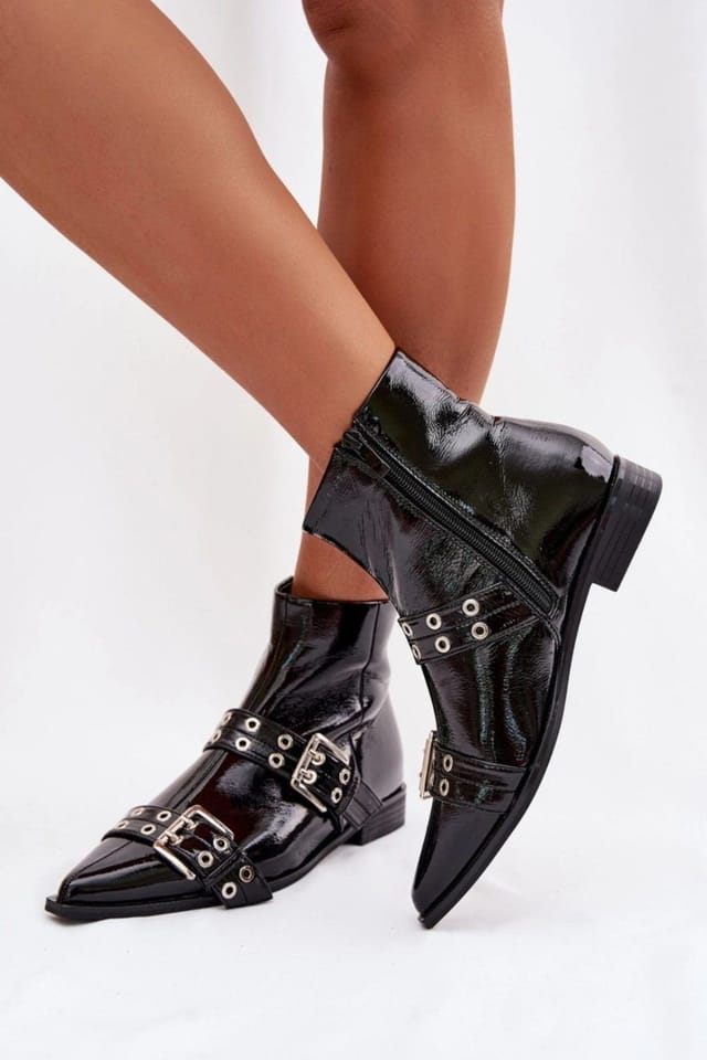 Love Lace Love Lace Women's Patent Ankle Boots Flat Heel Zip Closure Buckle Straps Design in Black - 3