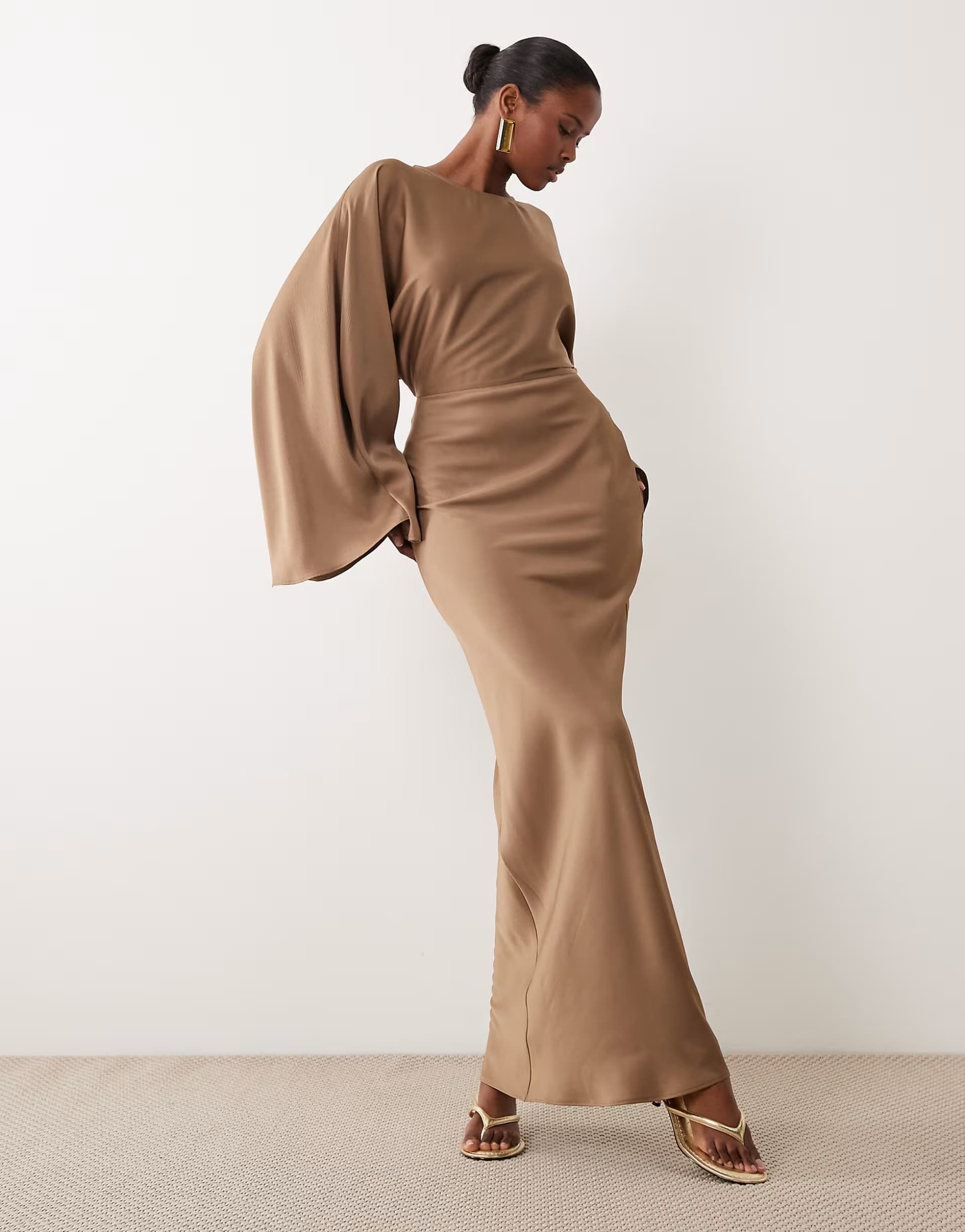 ASOS ASOS DESIGN textured satin batwing bias waisted maxi dress in light chocolate