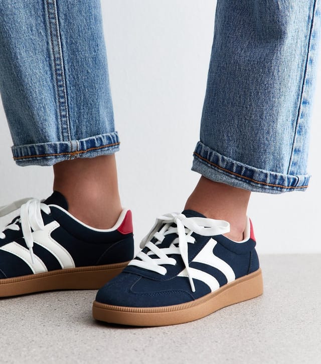 New Look Women's Navy Contrast Panel Faux Suede Trainers Vegan New Look - 2