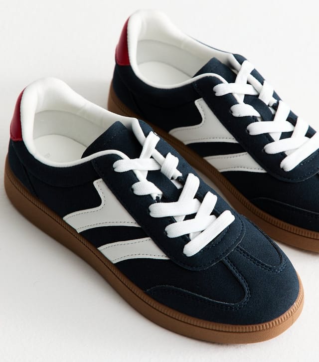 New Look Women's Navy Contrast Panel Faux Suede Trainers Vegan New Look - 3