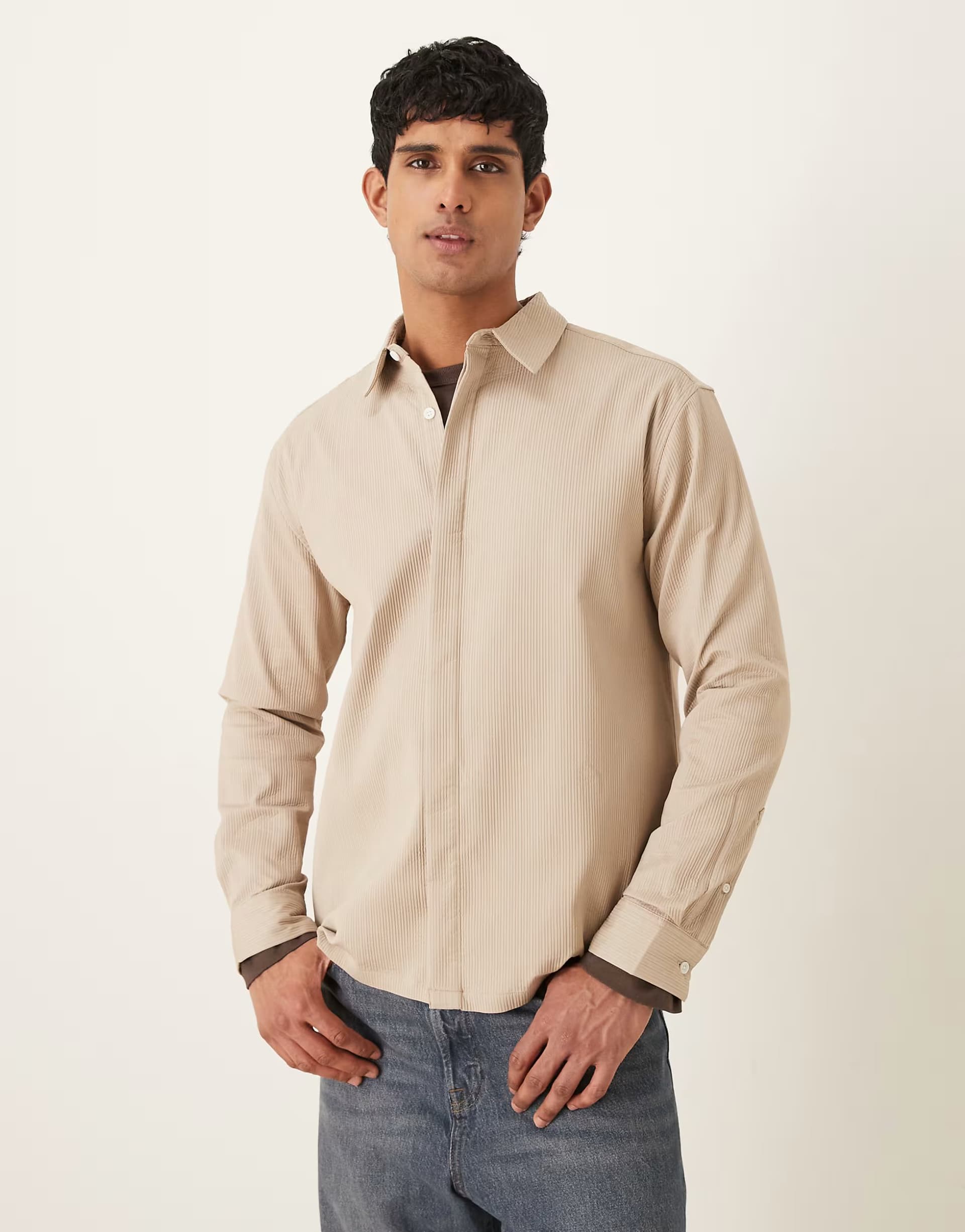 ASOS ASOS DESIGN relaxed ribbed shirt in beige