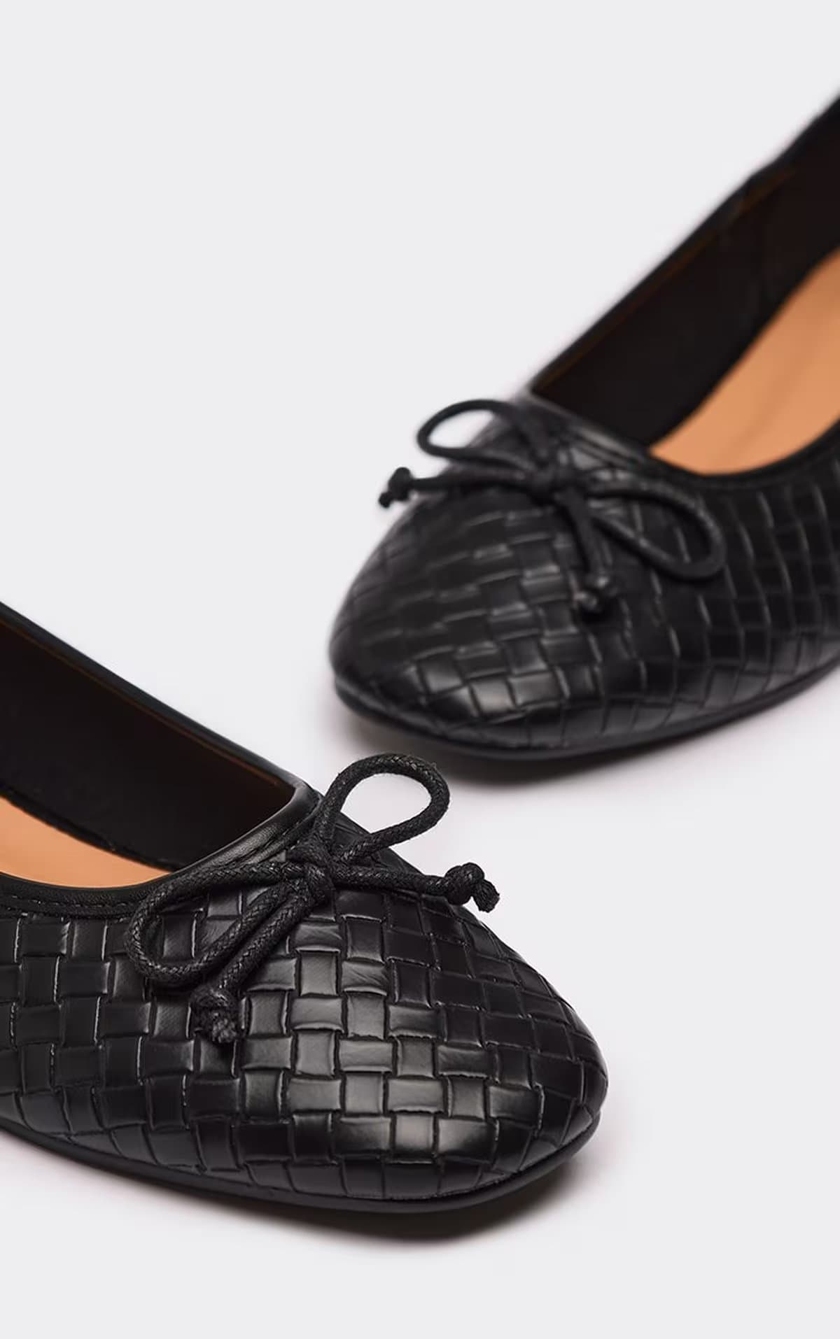 EGO Destry Bow Detail Flat Ballet Pump In Black Woven Faux Leather, Women's Size UK 3
