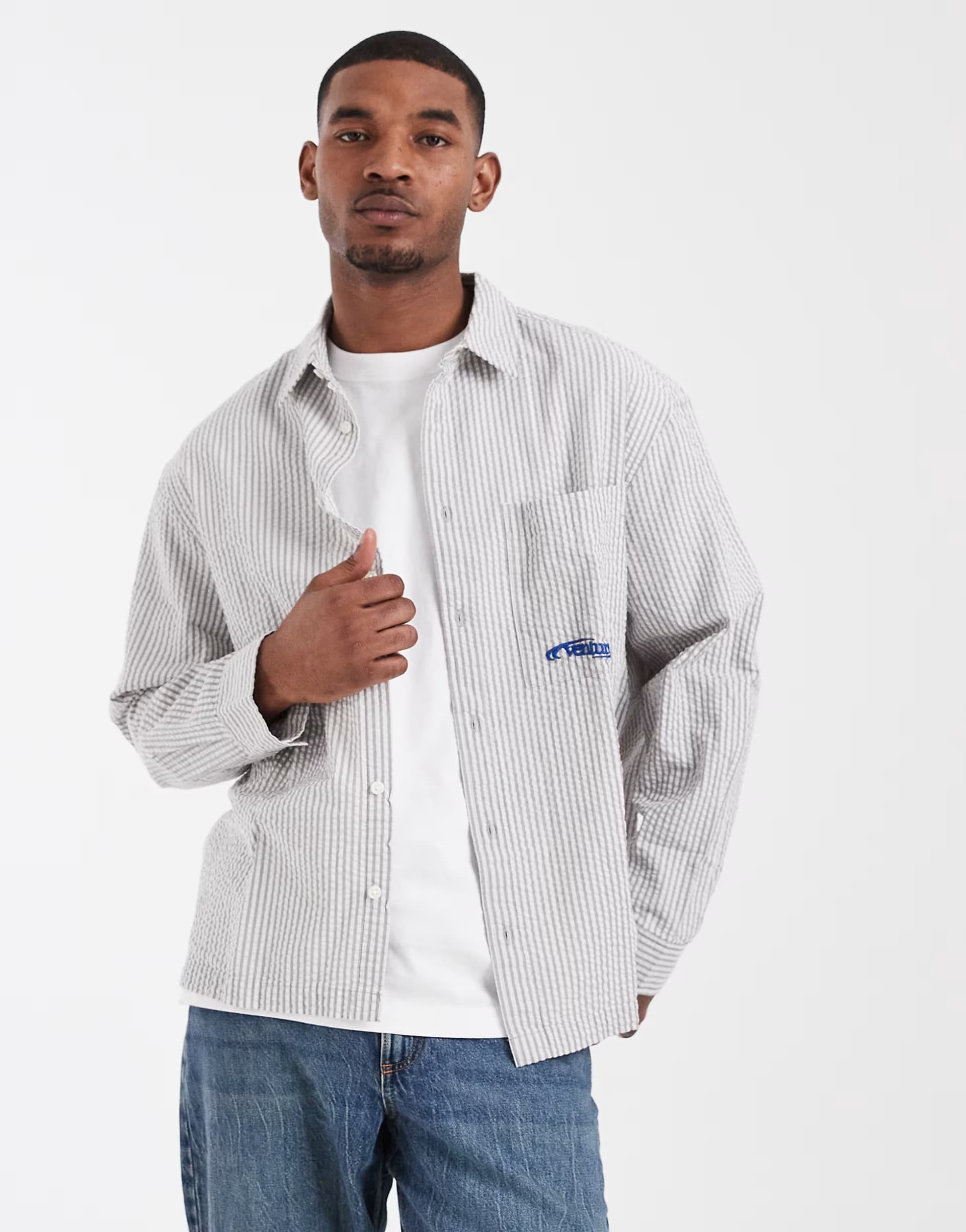 ASOS ASOS DESIGN oversized seersucker stripe shirt with chest embroidery in grey