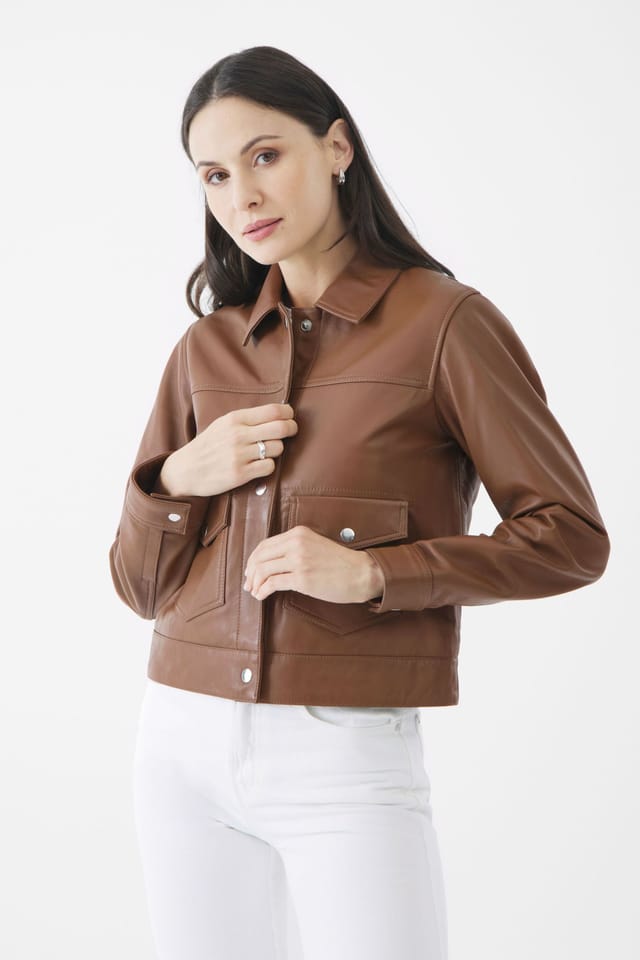 Bolongaro Trevor Bolongaro Trevor Women's Real Leather Louisa Trucker Jacket in Camel - 3