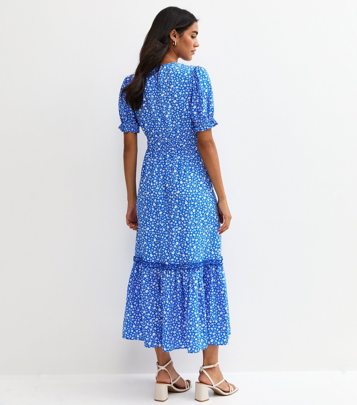 New Look Women's Bright Blue Crepe Ditsy Short Sleeve Tiered Midi Dress New Look - 4