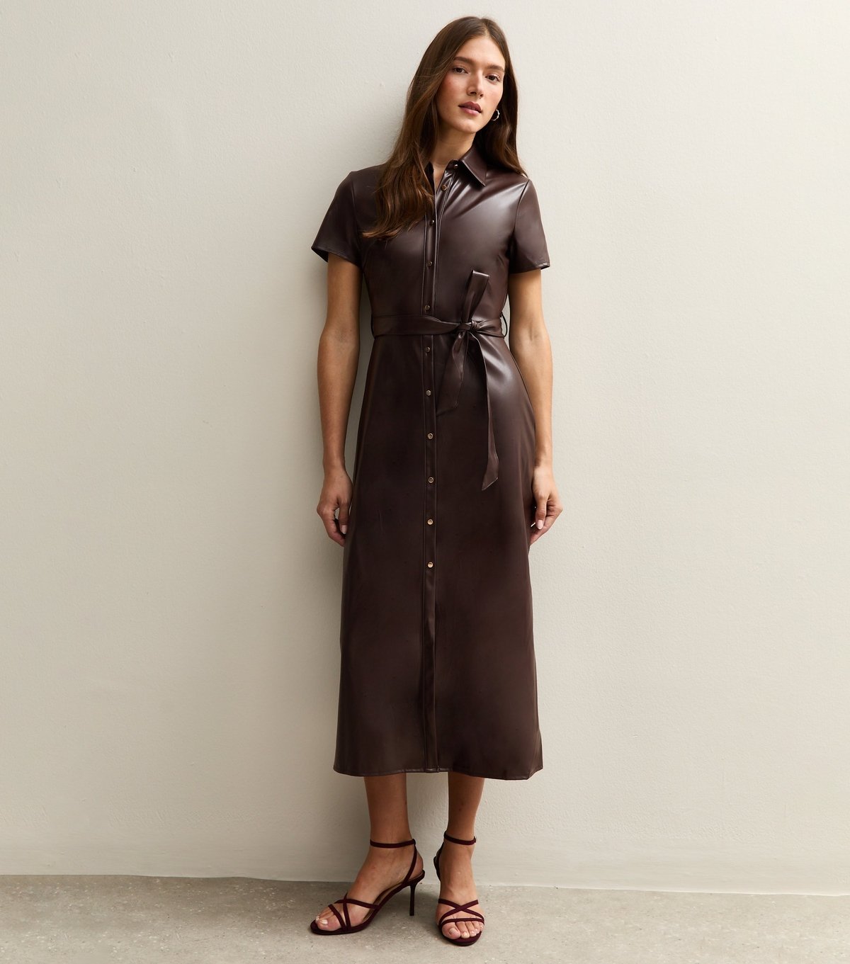 New Look Women's Dark Brown Faux Leather Shirt Midi Dress New Look - 2