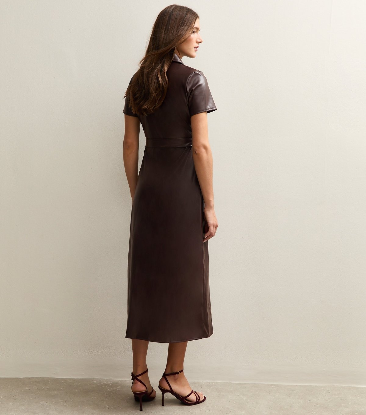 New Look Women's Dark Brown Faux Leather Shirt Midi Dress New Look - 4