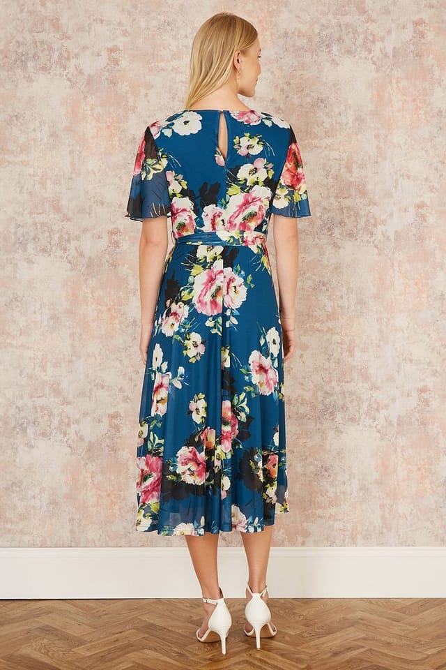 Yumi Yumi Women's Green Mesh Floral Midi Dress With Angel Sleeves - 3