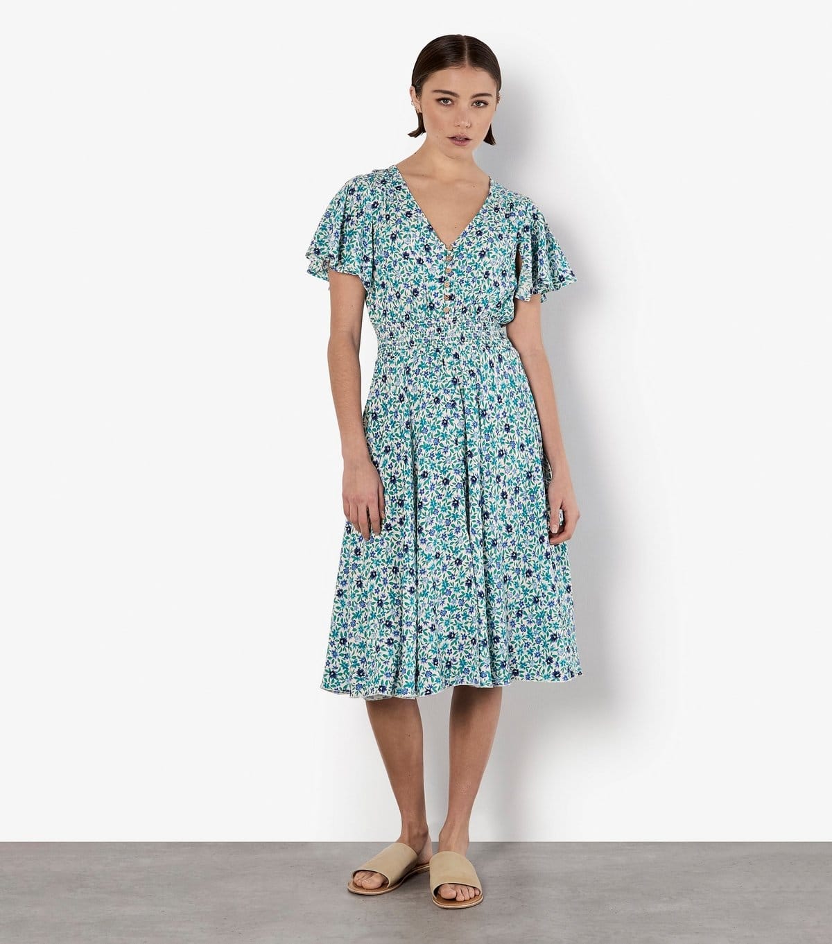 Apricot Blue Floral Print Midi Dress