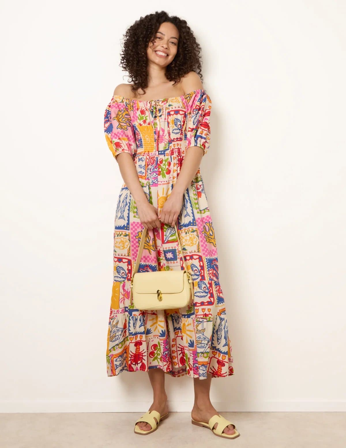 Blue Vanilla Postcard Tie Front Bardot Shirred Midi Dress