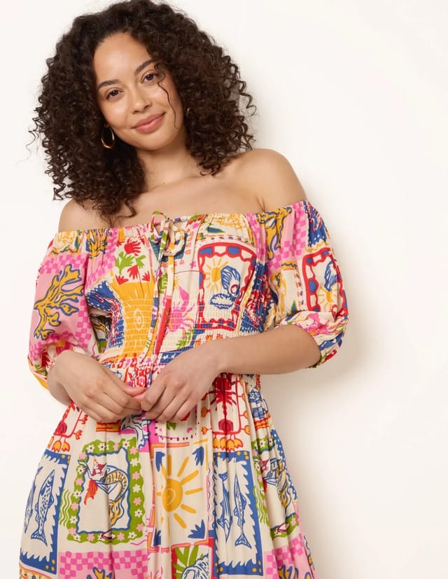 Blue Vanilla Postcard Tie Front Bardot Shirred Midi Dress - 2